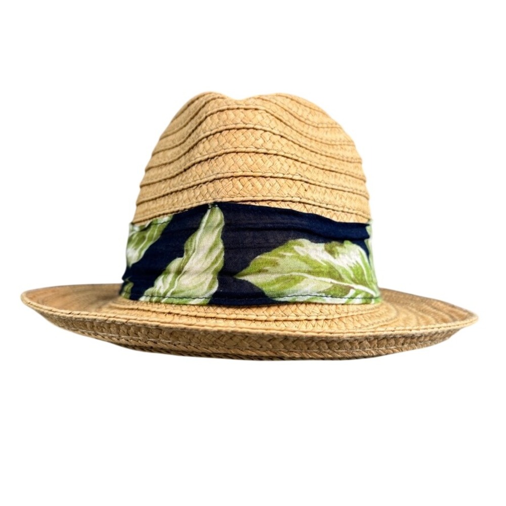 Ann Taylor Factory Straw Fedora Hat Tan Tropical Leaf Print Band Summer Sun Hat